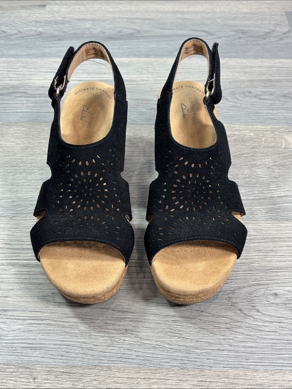 Clarks Black Giselle Bay Cut Out Pattern Slingback Cork Wedge Sandals - size 7.5
